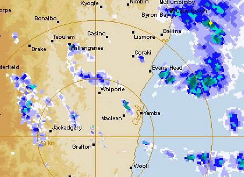 The first light showers extending from the east coast low to hit Grafton fell at 1.45pm on Friday, 3rd of June. The BOM satellite rainfall radar image shows scattered showers throughout the Clarence Valley at 3.40pm. The first light showers extending from the east coast low to hit Grafton fell at 1.45pm on Friday, 3rd of June. The BOM satellite rainfall radar image shows scattered showers throughout the Clarence Valley at 3.40pm.